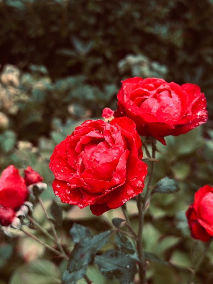 Close-up of vibrant red roses with water droplets, capturing the fresh essence of a garden after rain.